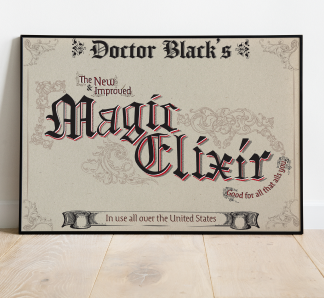 Dr.Black's Magic Elixir Advertisement was a typography project that showcases that old victorian font and typography glyphs. The glyphs are floral and pillar like and they either wrap around text or frame the typography of the project.
